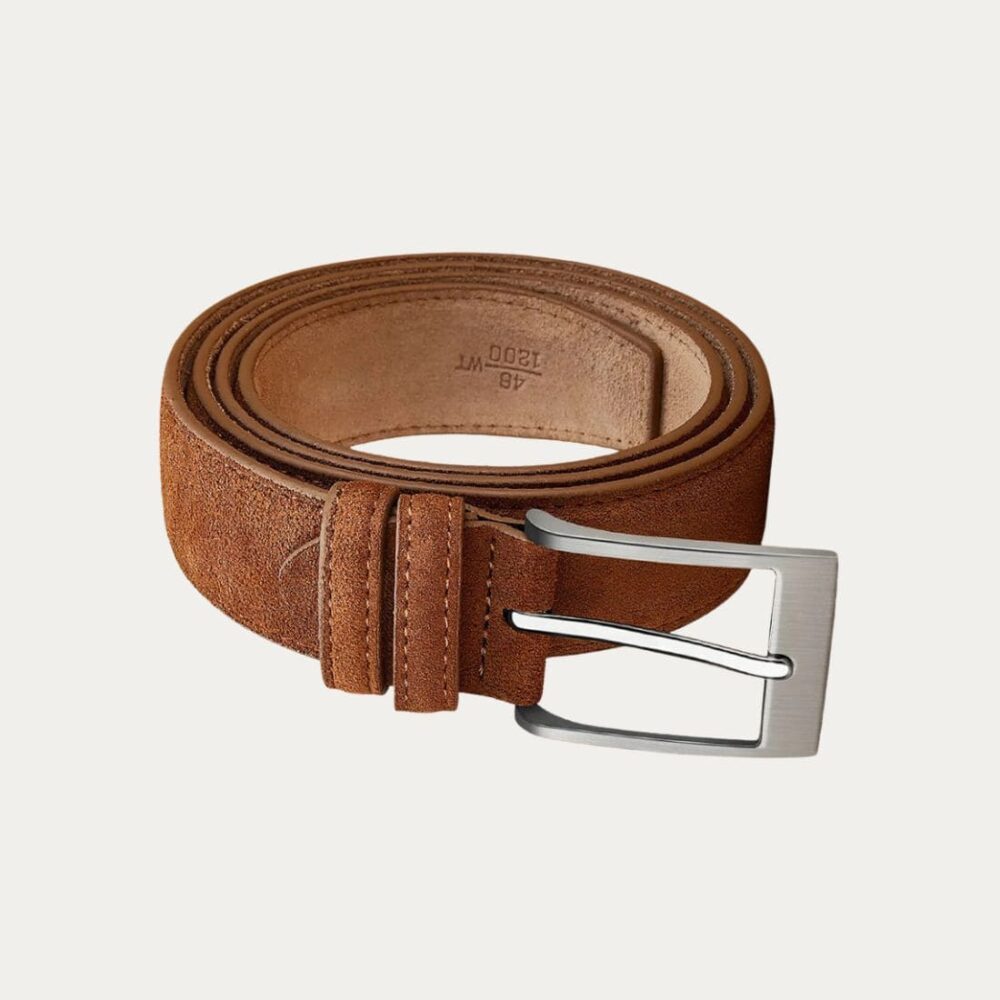 Ceinture daim homme à double passant camel, sur fond uni