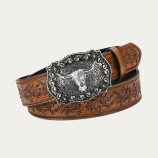 Ceinture western femme esprit rodéo glamour marron avec son médaillon argenté ou est gravé une tête de taureau