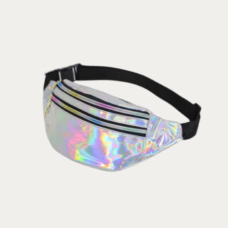 ceinture banane irisee argentee avec deux fermeture eclaire et une sangle noire