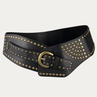ceinture large noire, avec des rivets métalliques bronze et une boucle